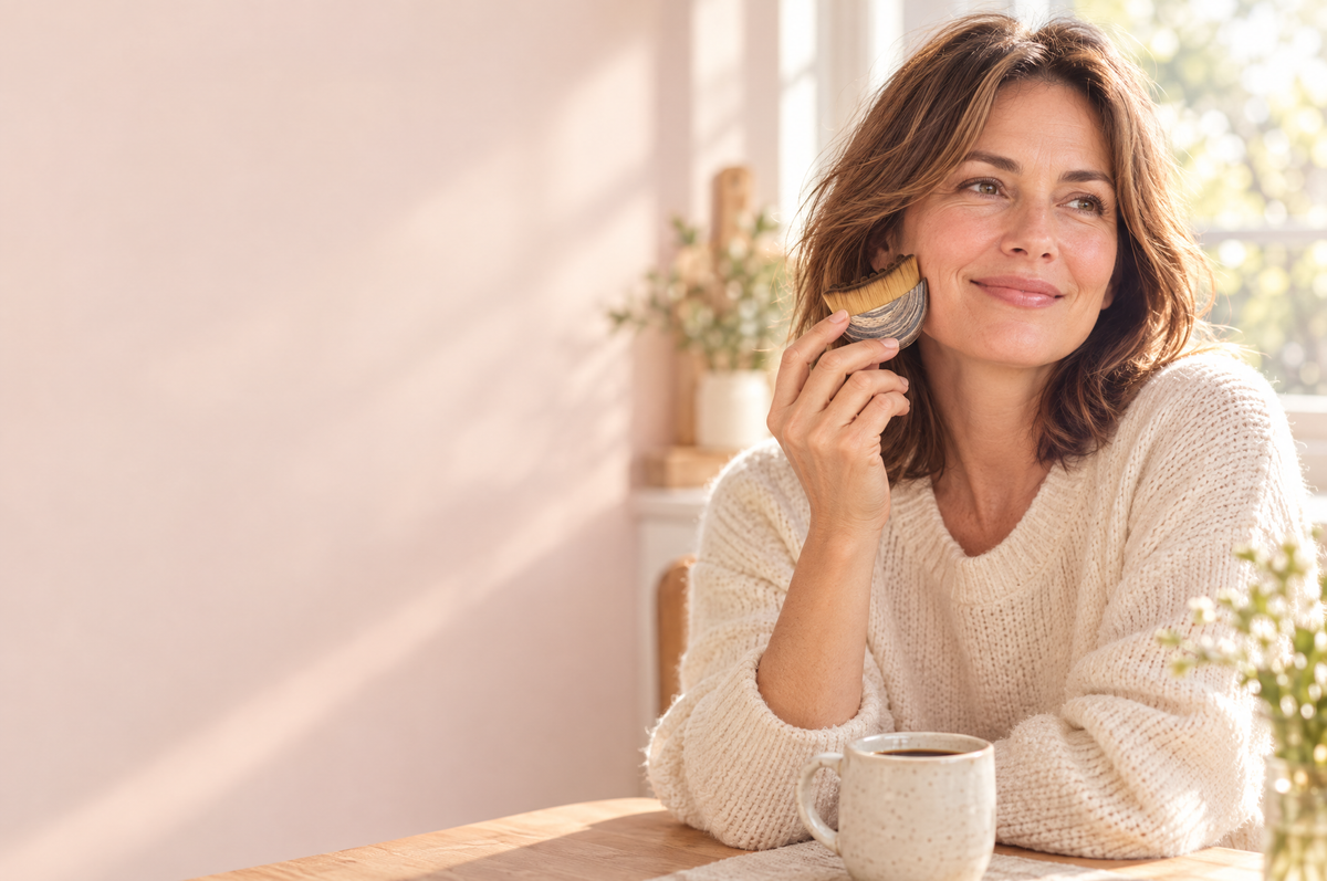 Woman enjoying her morning ritual with the Sculpt Brush and coffee
