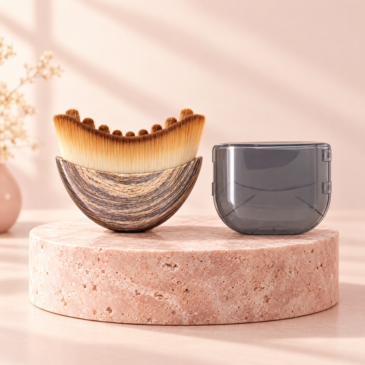 Sculpt Brush lymphatic contour brush with travel lid on a blush stone