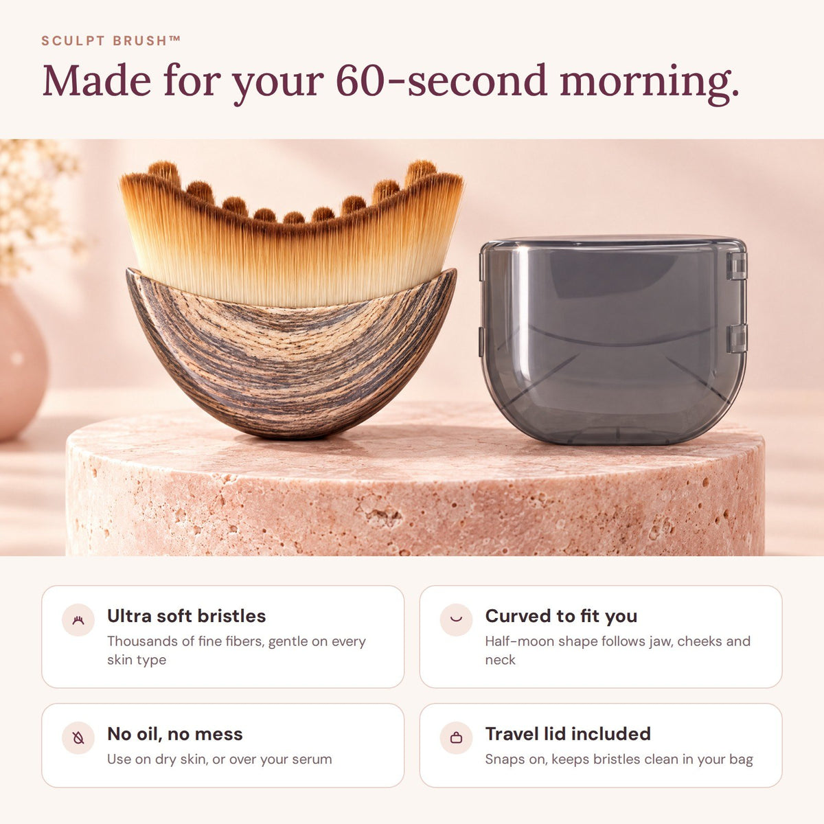 Ultra soft bristles, curved to fit, no oil needed, travel lid included
