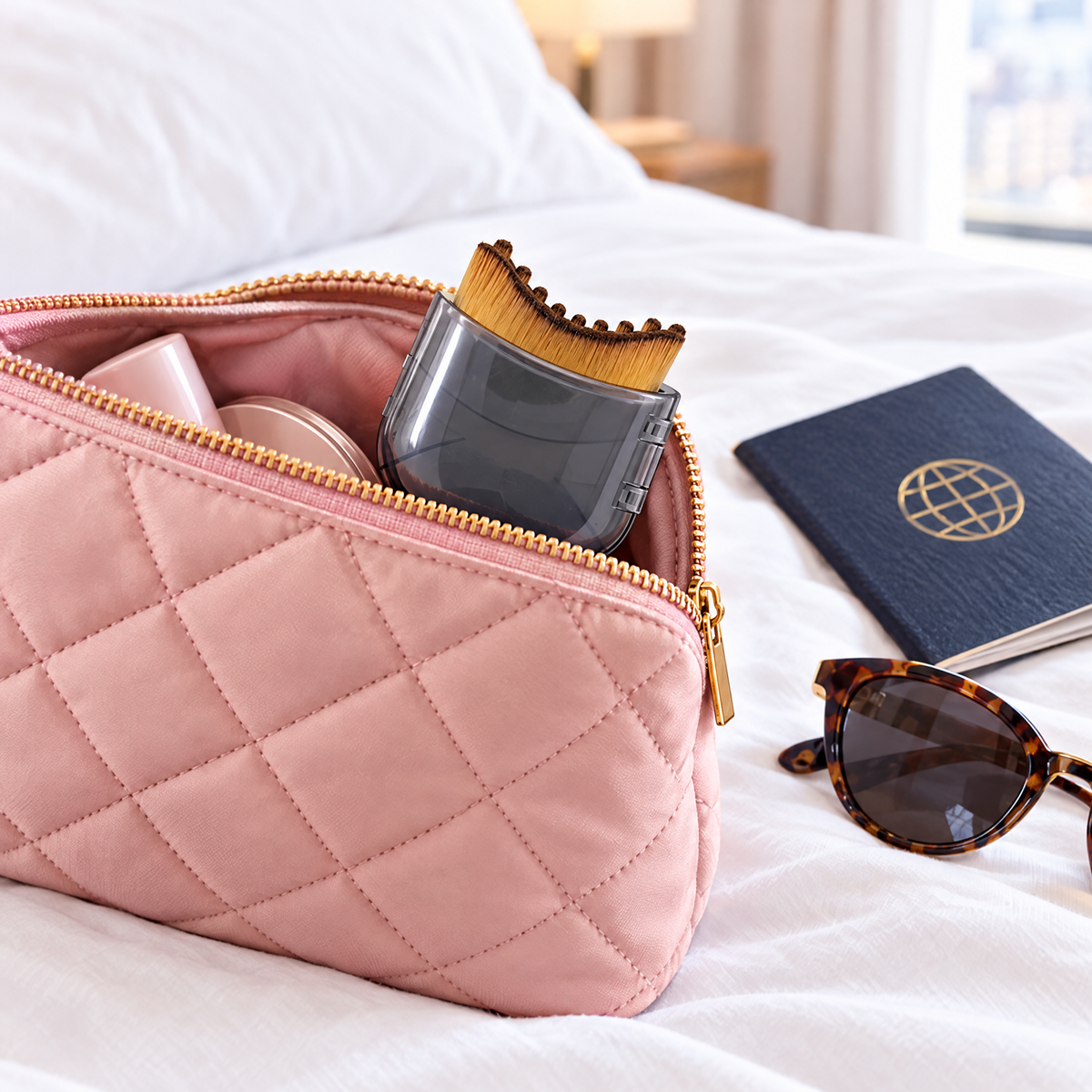 Sculpt Brush with lid in a pink travel pouch